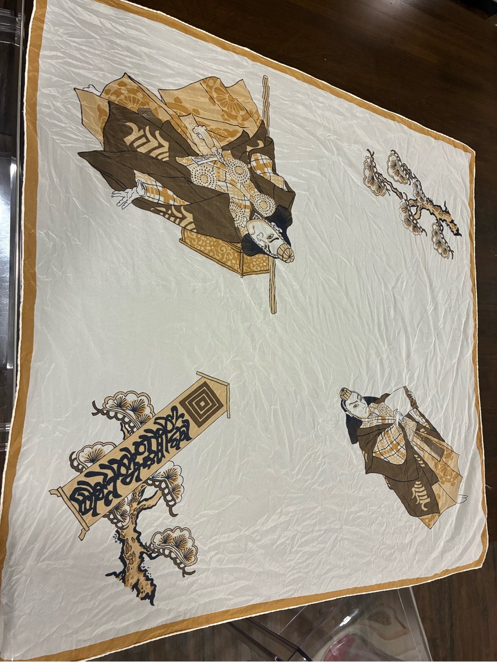 Cream and Tan vintage Japanese Kabuki Kimono-Print 100% Silk Scarf